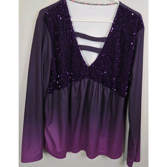 Purple Ombre Glitter V Neck Strap Long Sleeve Top Baby Doll Style Glam Boho XL - Picture 1 of 6
